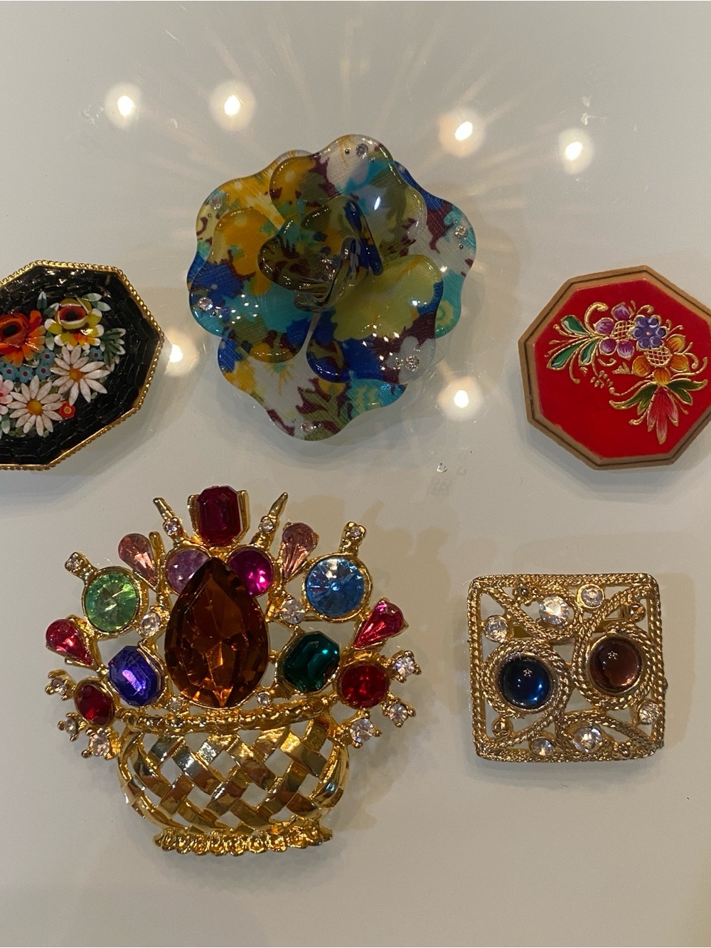 Vintage Italian Micro Mosaic & Multi-Style Floral Brooch Lot - Glass, Wood, Rhin